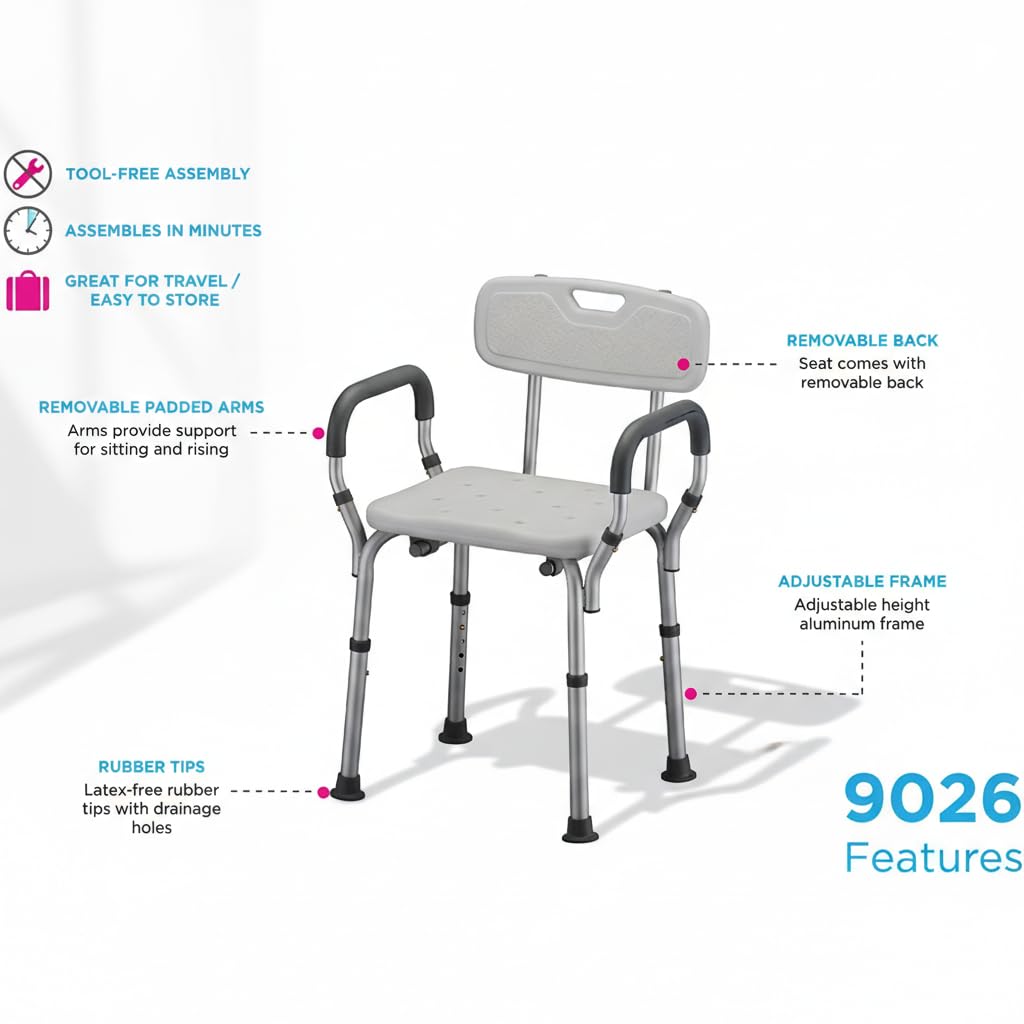 Bath Seat with Removable Arms & Back, 300 lb Capacity, Adjustable Height A33180