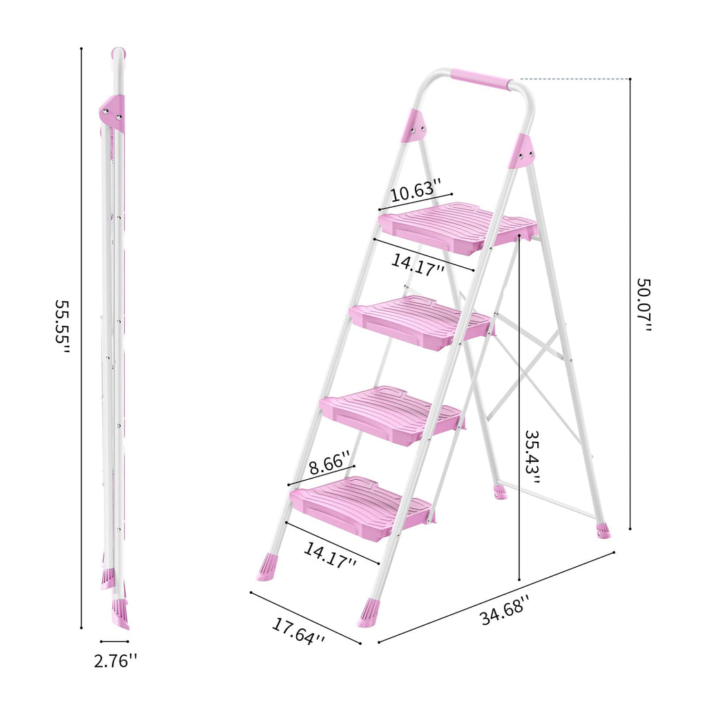 4 Step Pink Foldable Step Stool with Handrail P497755