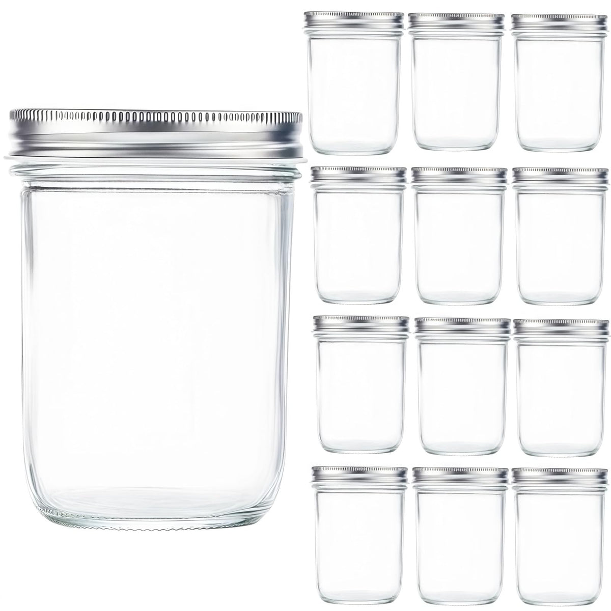 12 Pc 16 oz Wide Mouth Glass Mason Jars with Lids V601404