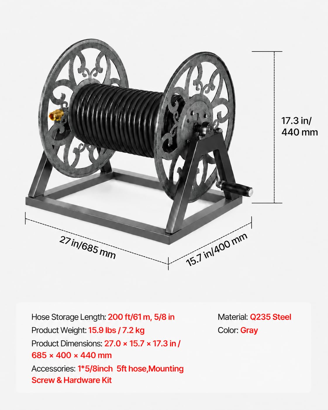 Wall Mounted Garden Hose Reel, Holds 200 ft 5/8" Hose, Heavy-Duty Steel Manual Winder B3575