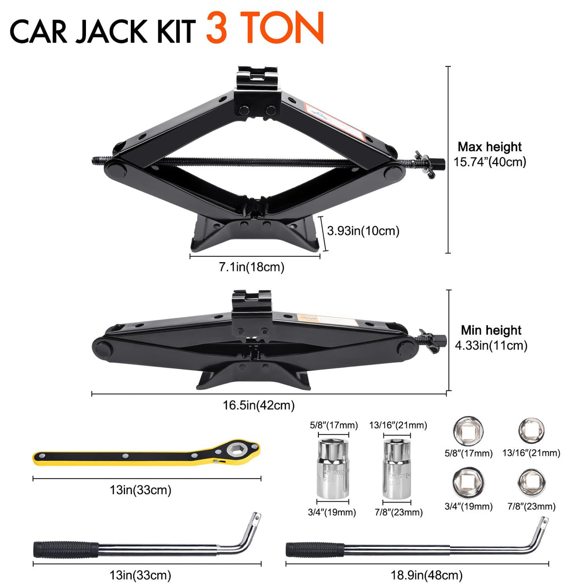 Scissor Car Jack 3 Ton Tire Changing Kit with Lug Wrench U78595