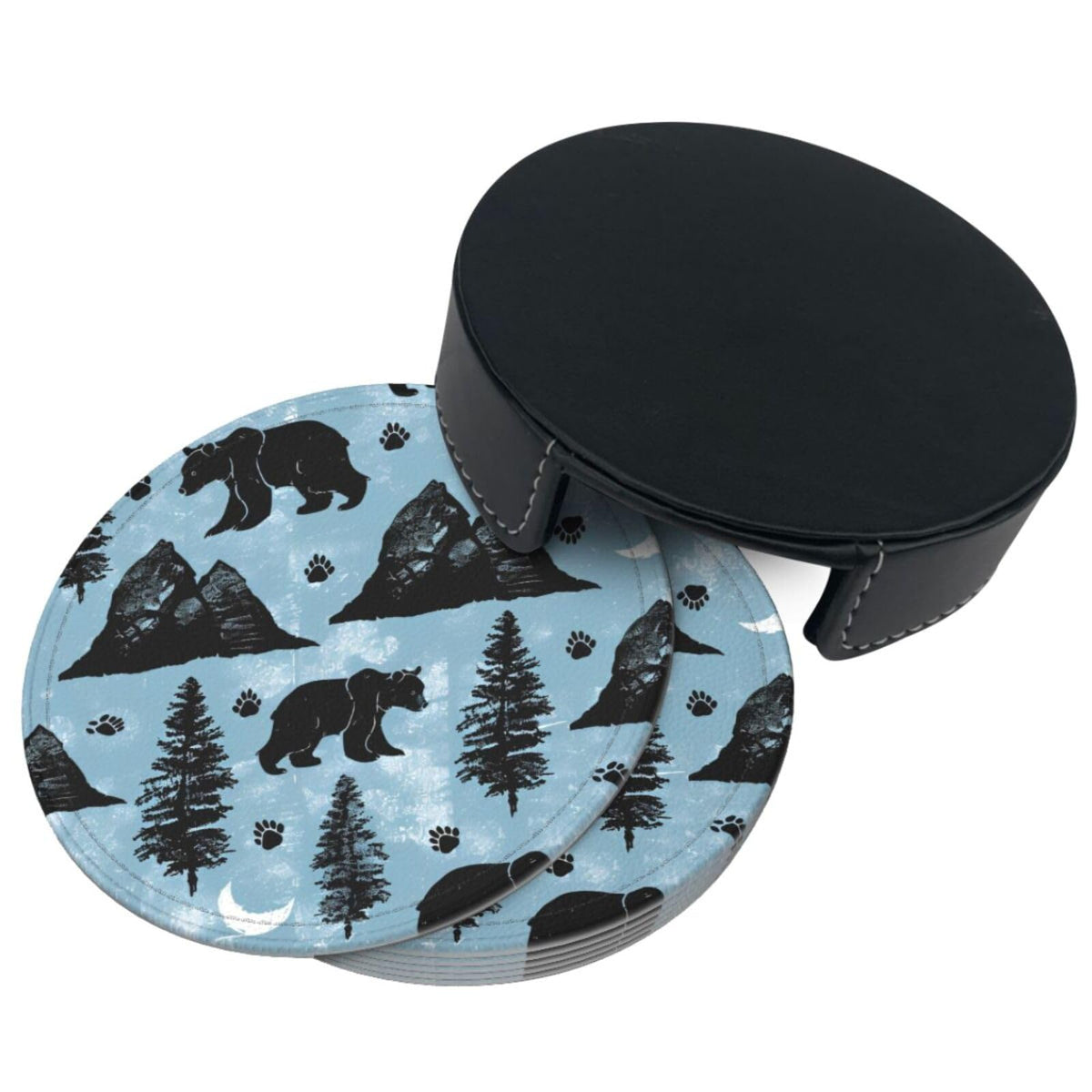 Black Leather Coasters Set with Holder P5360
