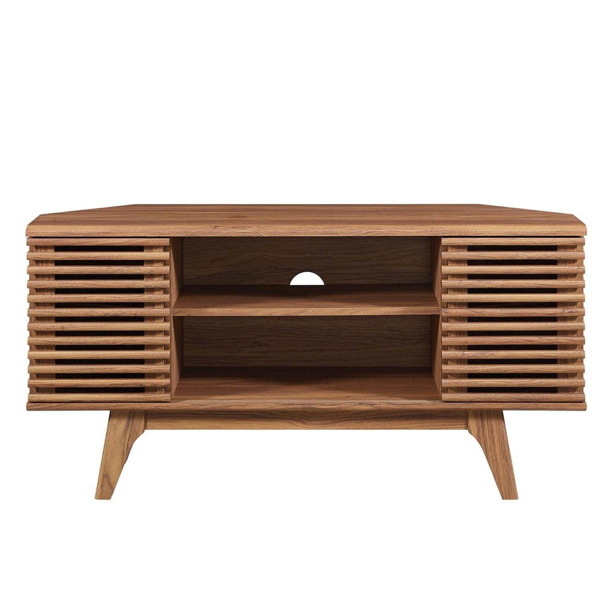 46 in Walnut Corner TV Stand with Sliding Doors A97484
