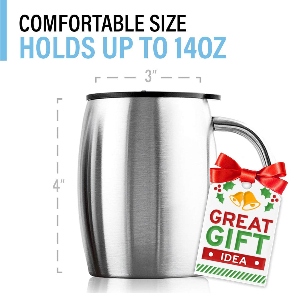 Stainless Steel 14 oz Double Walled Coffee Mugs Set of 2 with Lid & Handle V3527