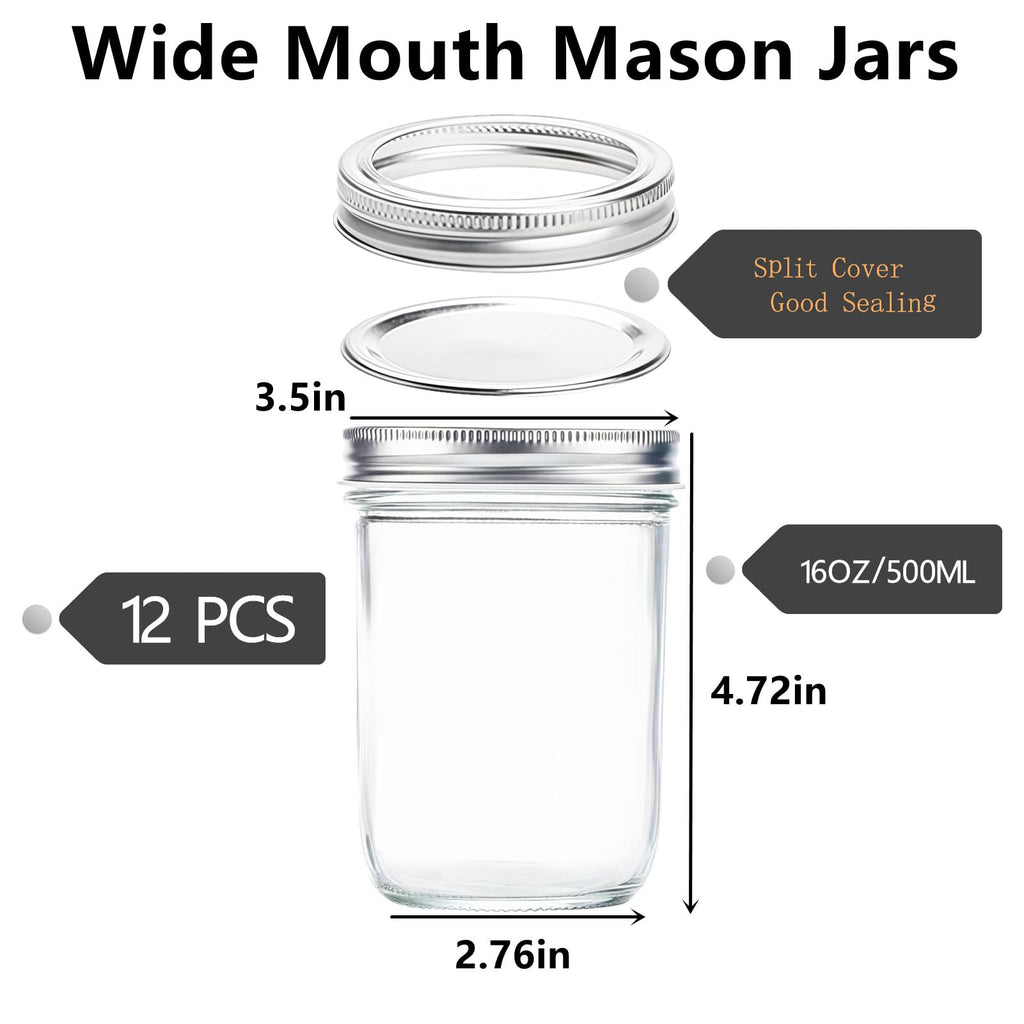 12 Pc 16 oz Wide Mouth Glass Mason Jars with Lids V601404