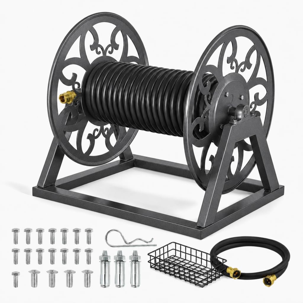 Wall Mounted Garden Hose Reel, Holds 200 ft 5/8" Hose, Heavy-Duty Steel Manual Winder B3575