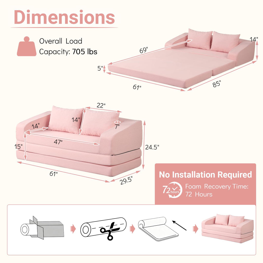 61" Pink Convertible Futon Sofa Bed T415284