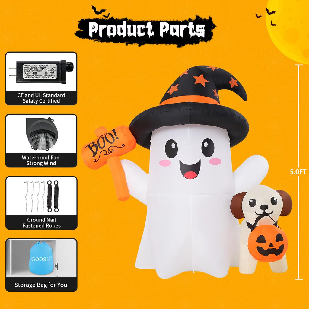 5 FT Halloween Inflatables Ghost with Built-in LEDs B881
