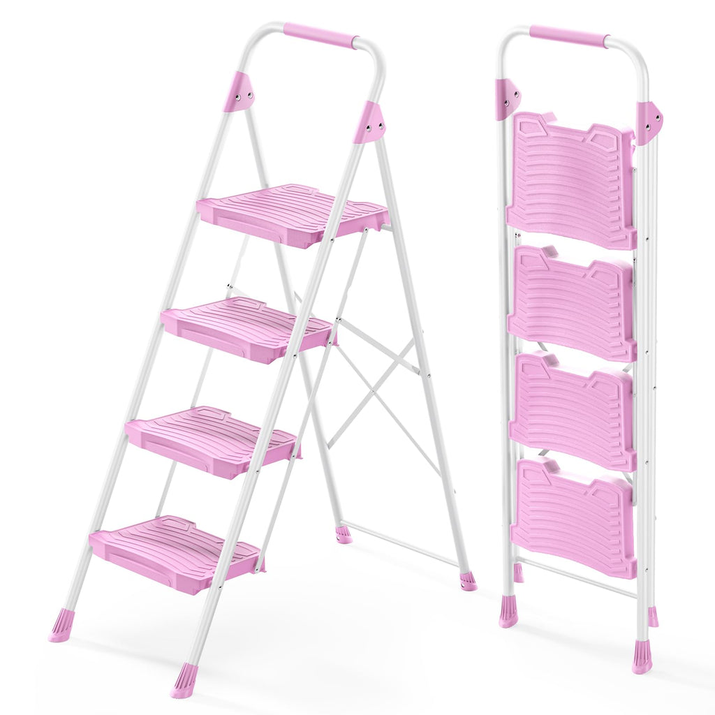 4 Step Pink Foldable Step Stool with Handrail P497755