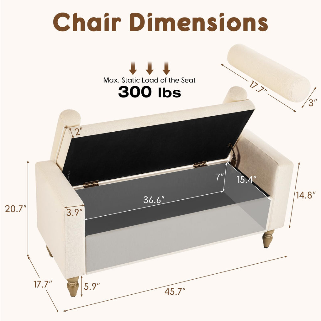 Beige Linen Storage Ottoman Bench I58855