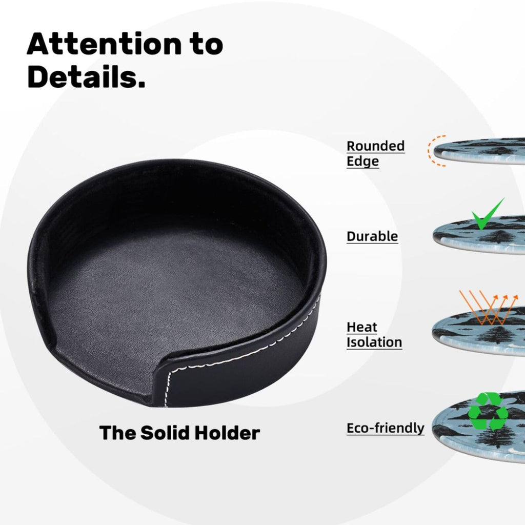 Black Leather Coasters Set with Holder P5360