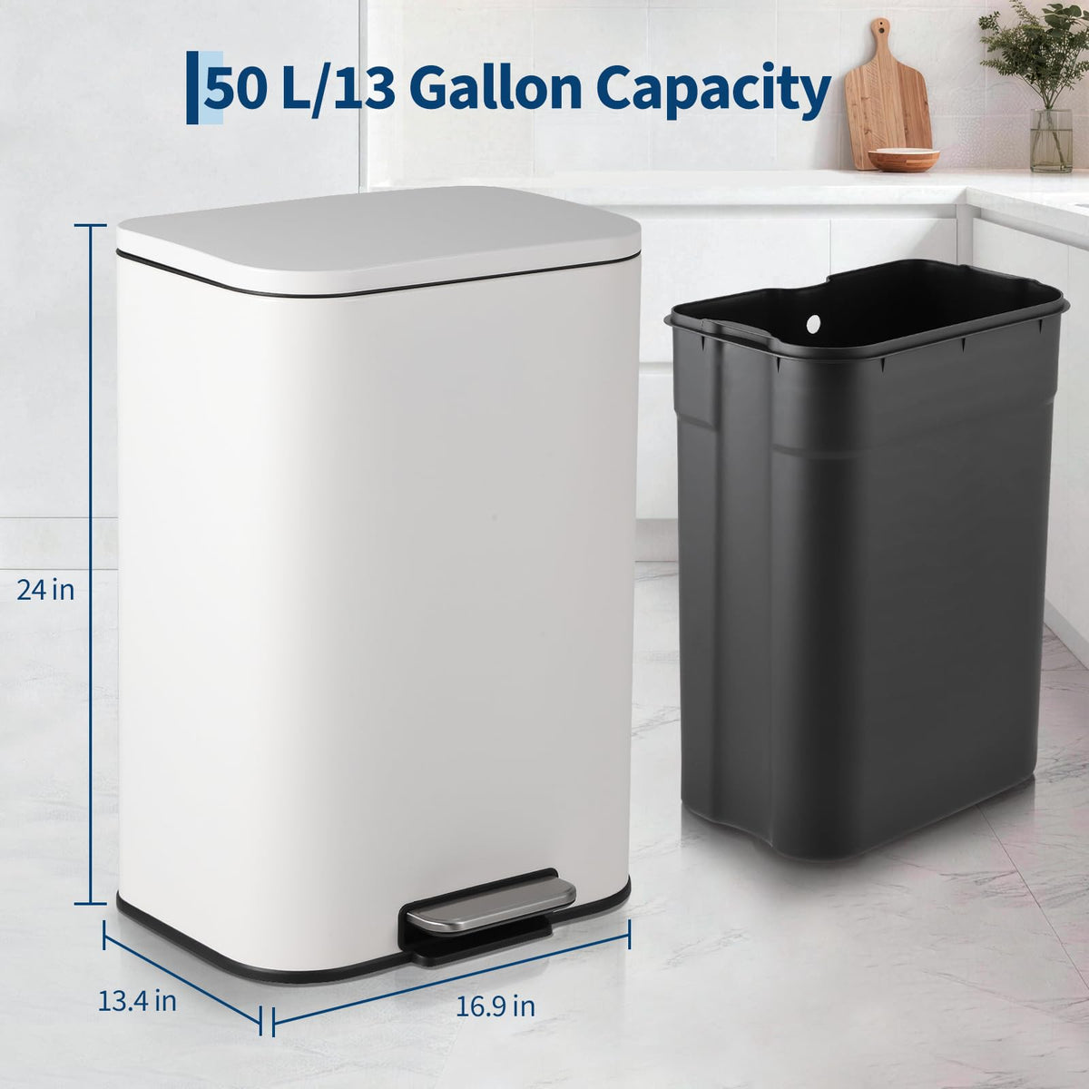 50L Stainless Steel Step Trash Can with Soft-Close Lid B2990