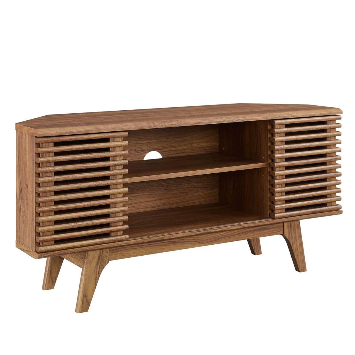 46 in Walnut Corner TV Stand with Sliding Doors A97484