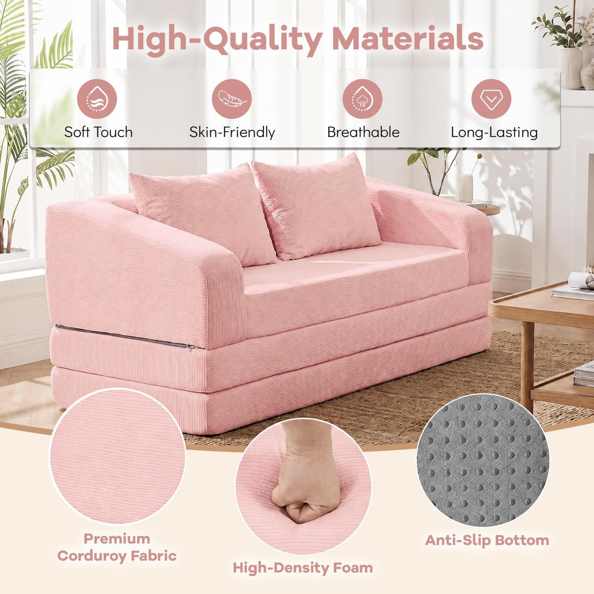 61" Pink Convertible Futon Sofa Bed T415284