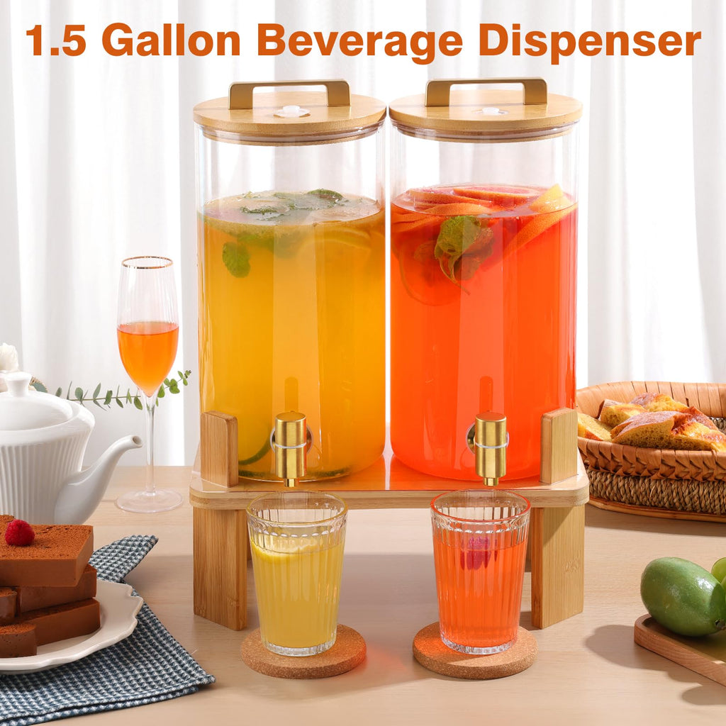 1.5 Gallon Glass Drink Dispenser with Wooden Stand G95114