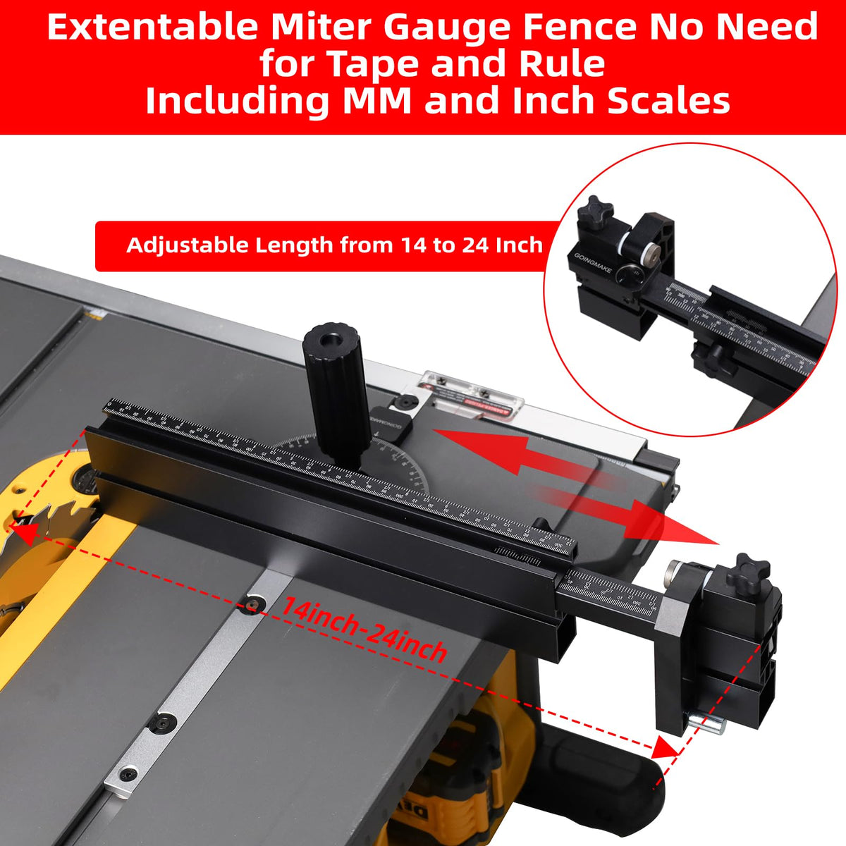 Compact Table Saw Miter Gauge with Extendable Fence T7930