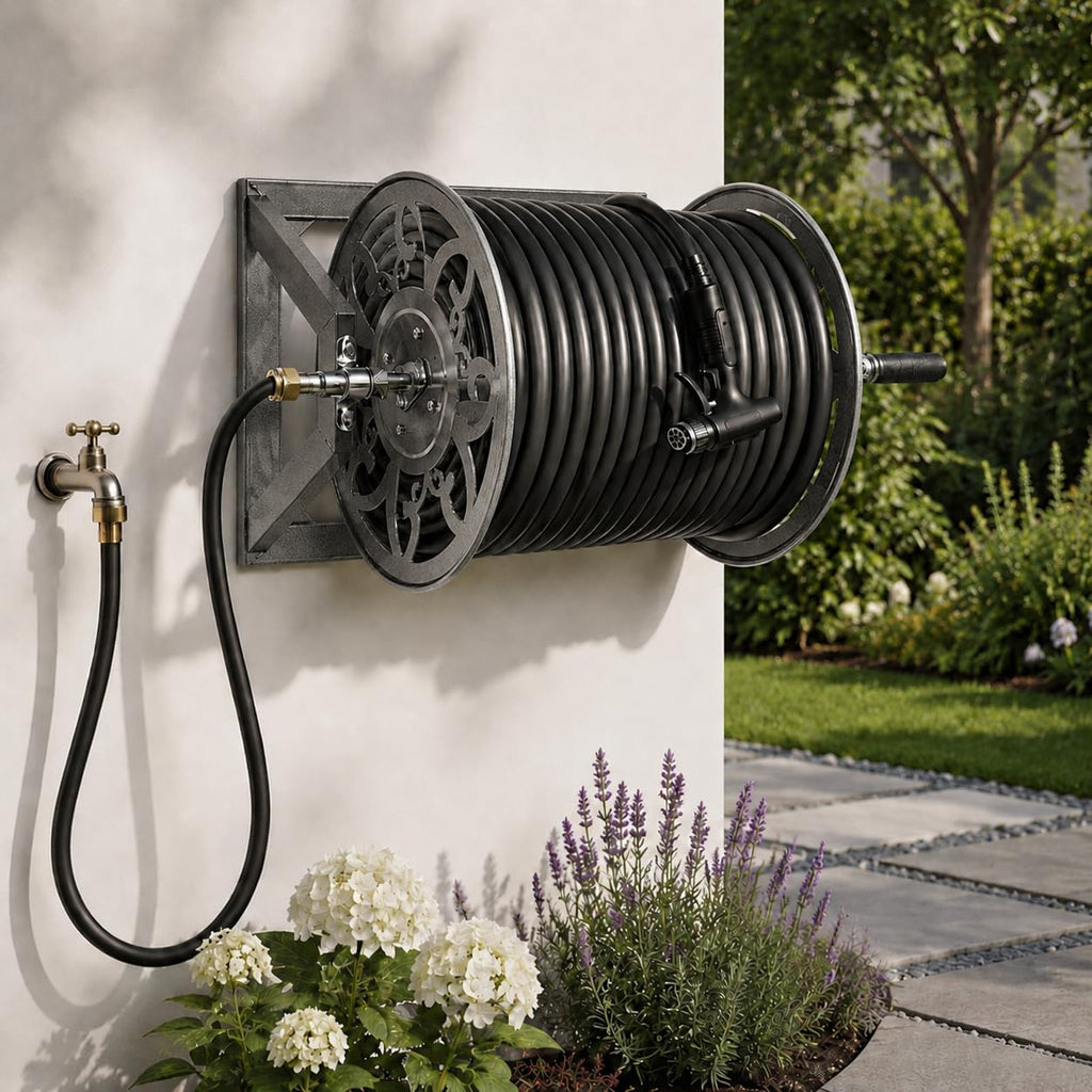 Wall Mounted Garden Hose Reel, Holds 200 ft 5/8" Hose, Heavy-Duty Steel Manual Winder B3575