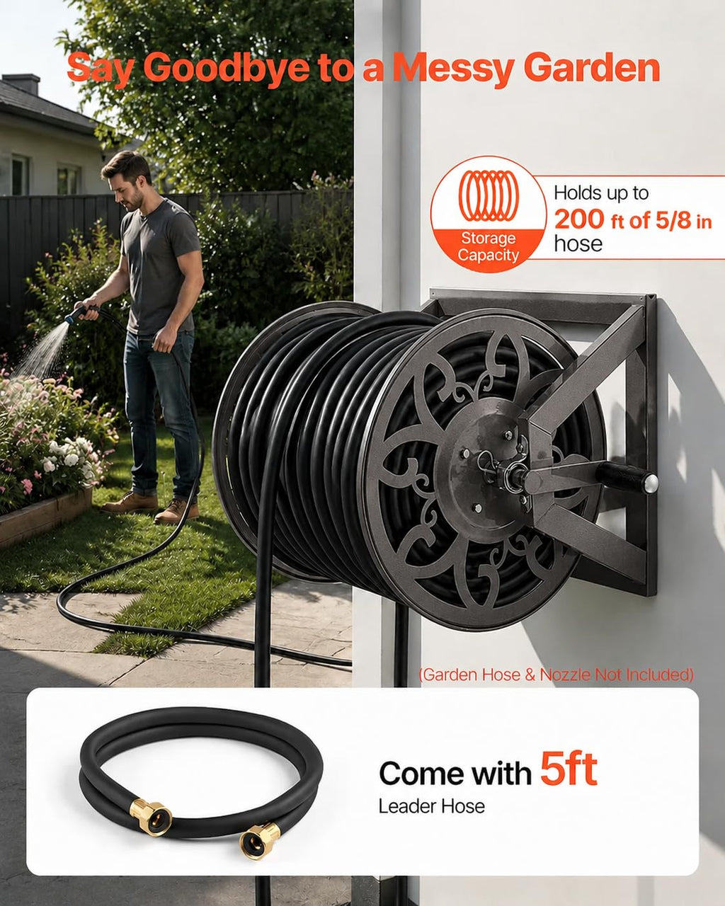 Wall Mounted Garden Hose Reel, Holds 200 ft 5/8" Hose, Heavy-Duty Steel Manual Winder B3575