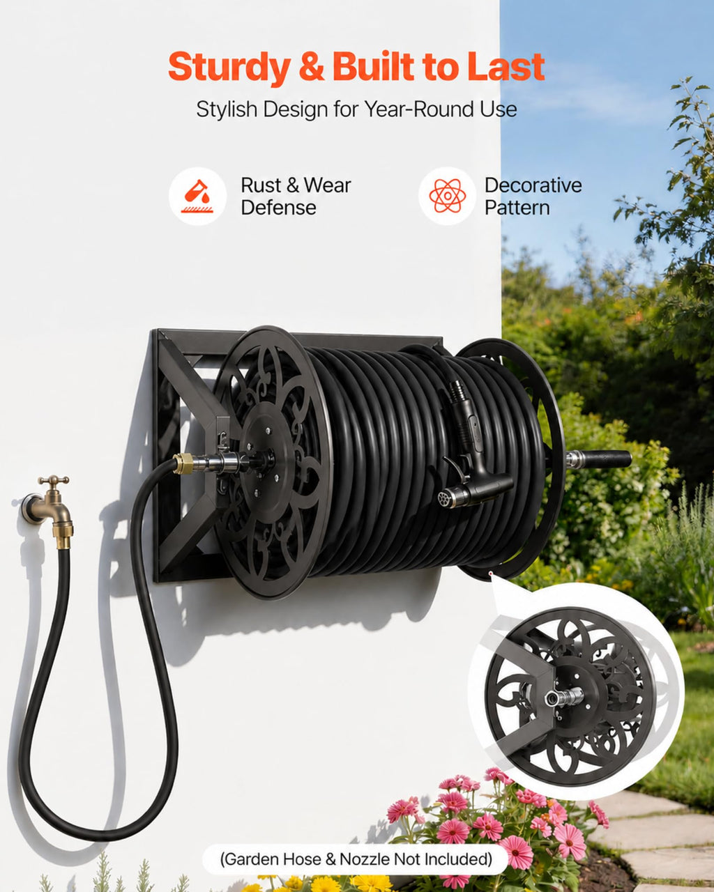 Wall Mounted Garden Hose Reel, Holds 200 ft 5/8" Hose, Heavy-Duty Steel Manual Winder B3575