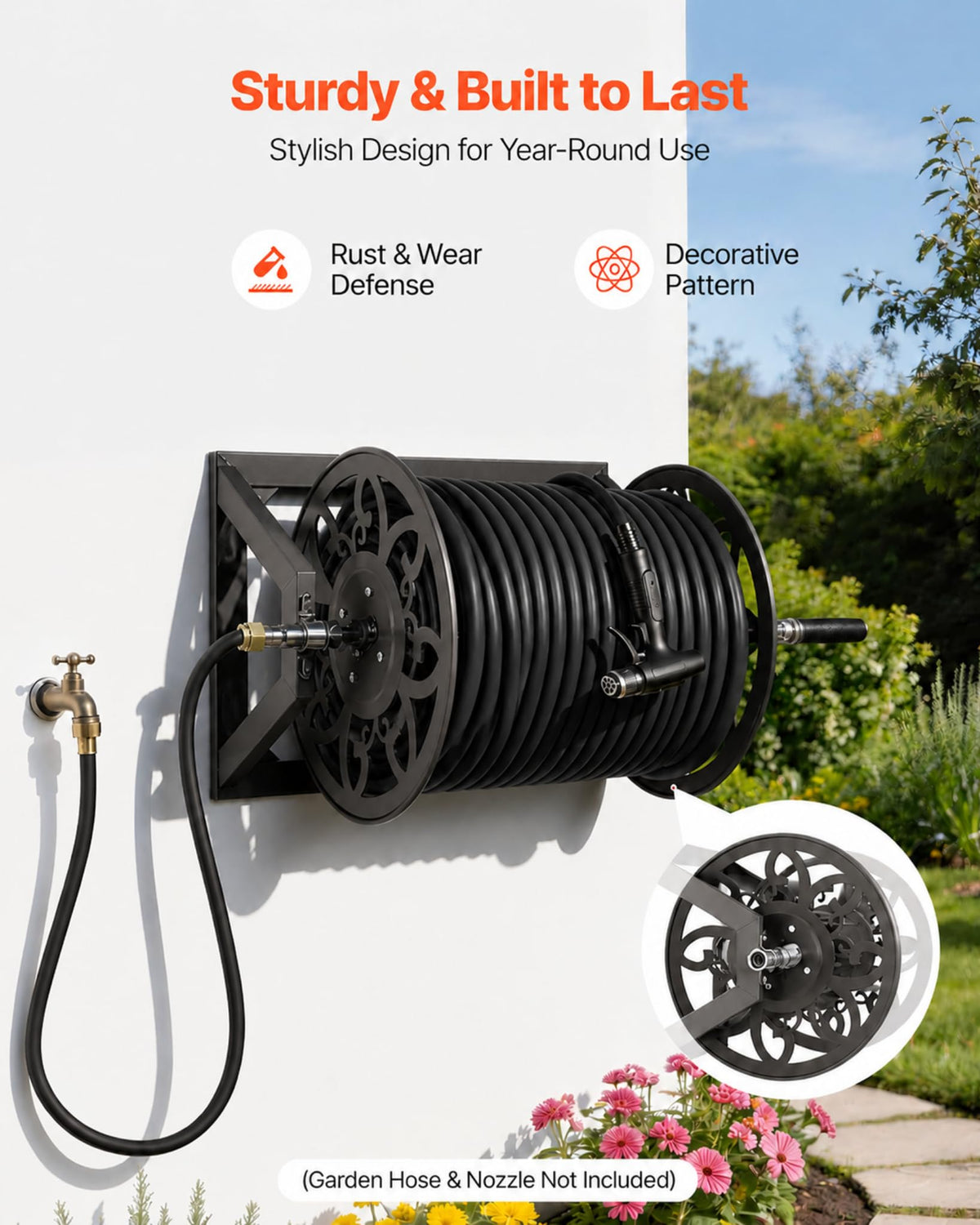 Wall Mounted Garden Hose Reel, Holds 200 ft 5/8" Hose, Heavy-Duty Steel Manual Winder B3575