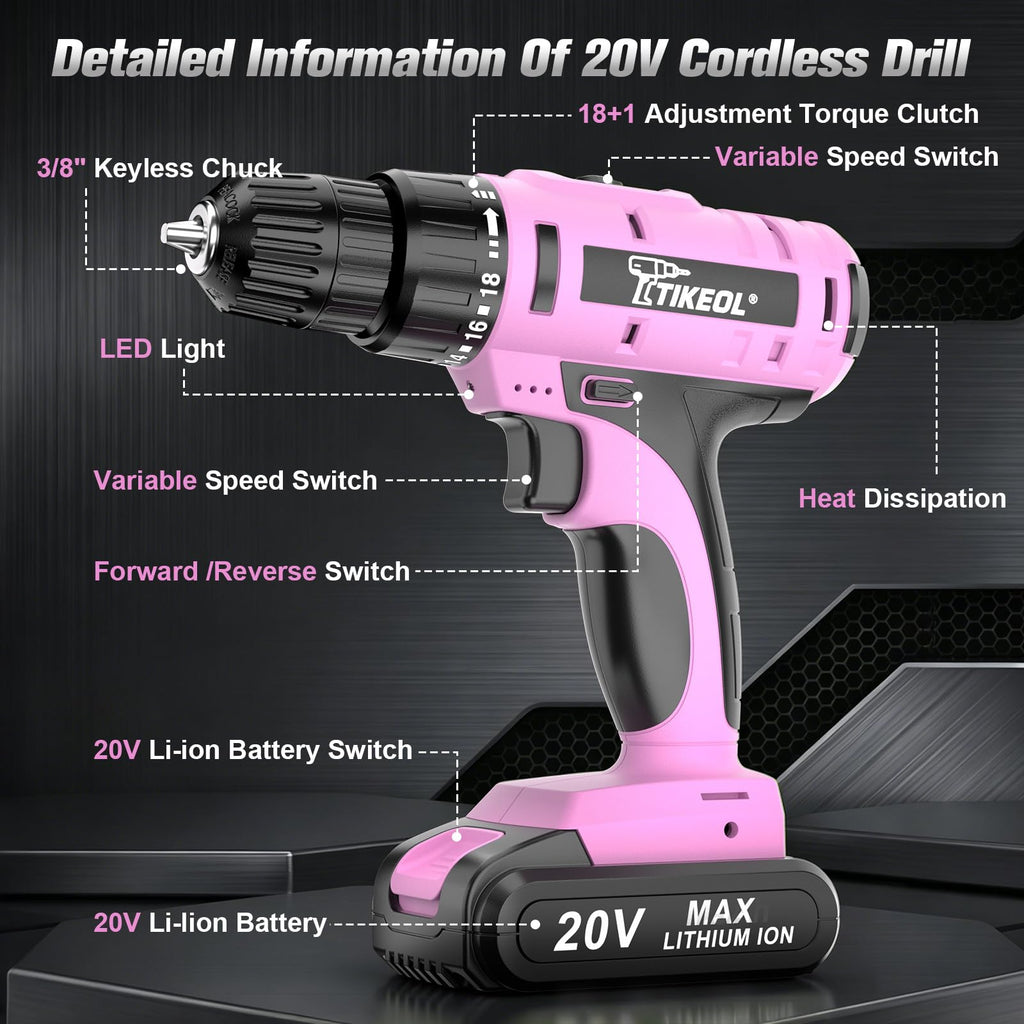 20V Cordless Pink Drill Set with Battery & Charger Q31148