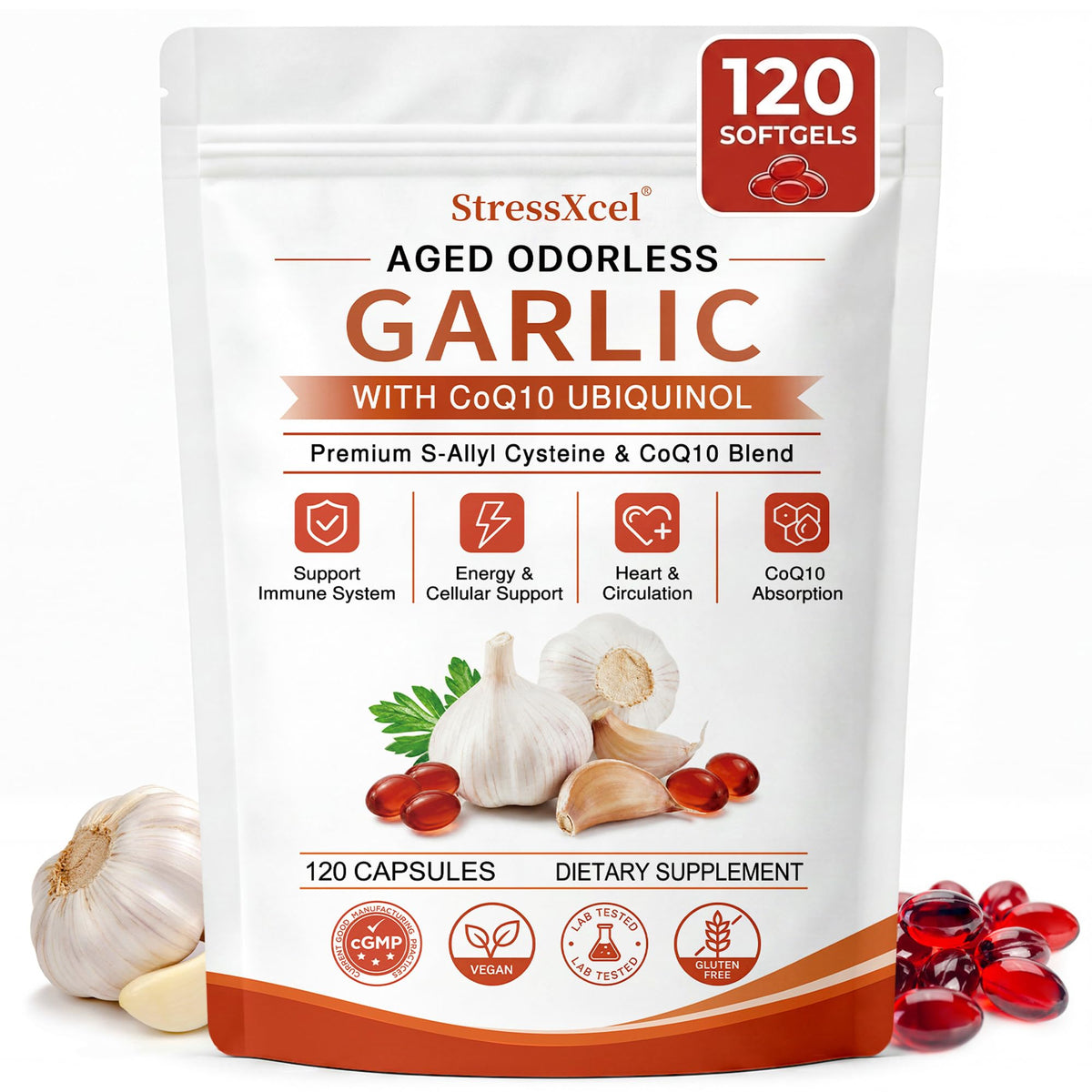 Odorless Garlic Extract Softgels with CoQ10 Ubiquinol and Vitamin K2 120 Softgels M89819