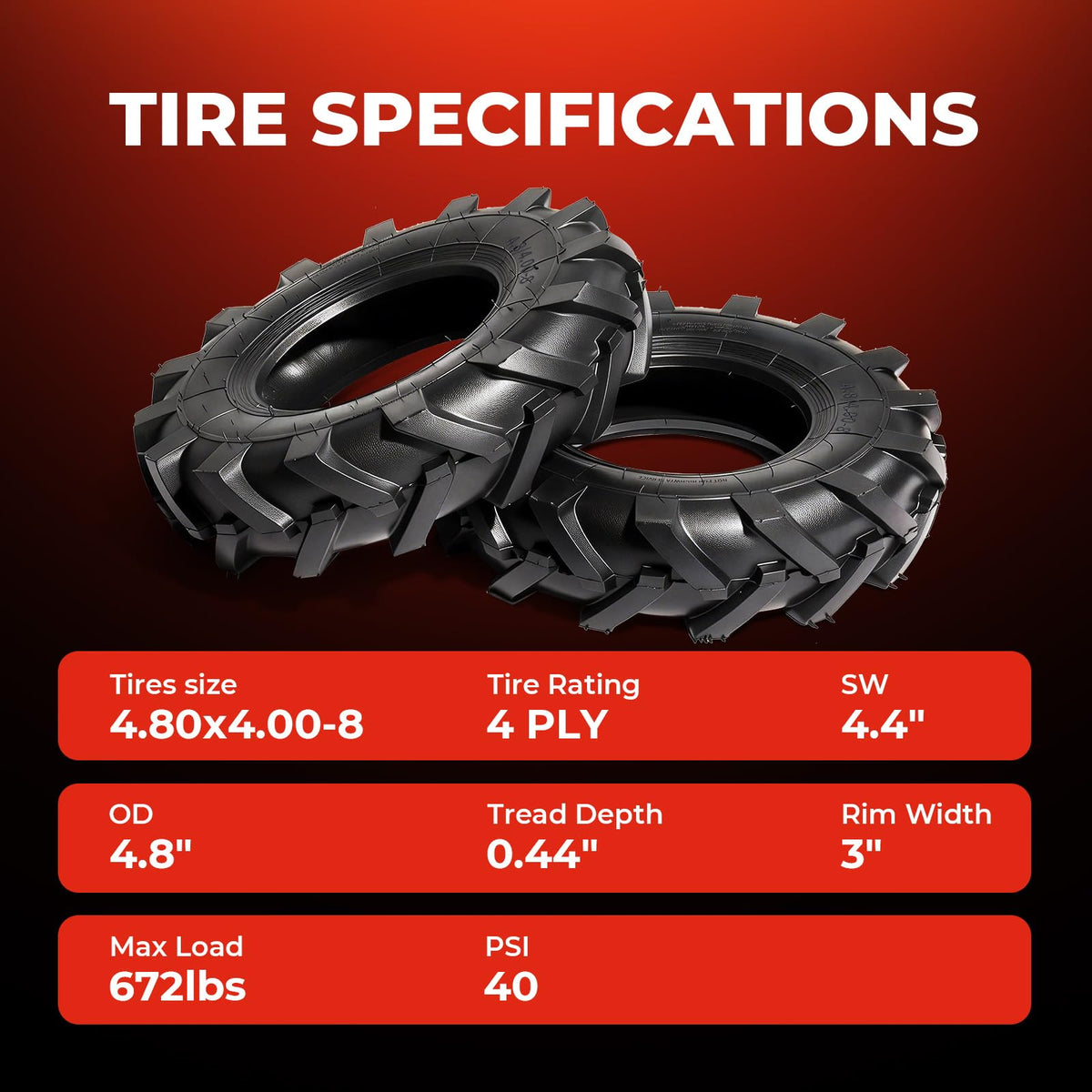 4.80x4.00x8 Lawn & Garden Mower Tires, Set of 2, 4 Ply Tubeless P893
