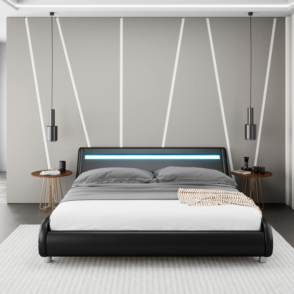 Black Upholstered Full LED Platform Bed Frame with Headboard F994650