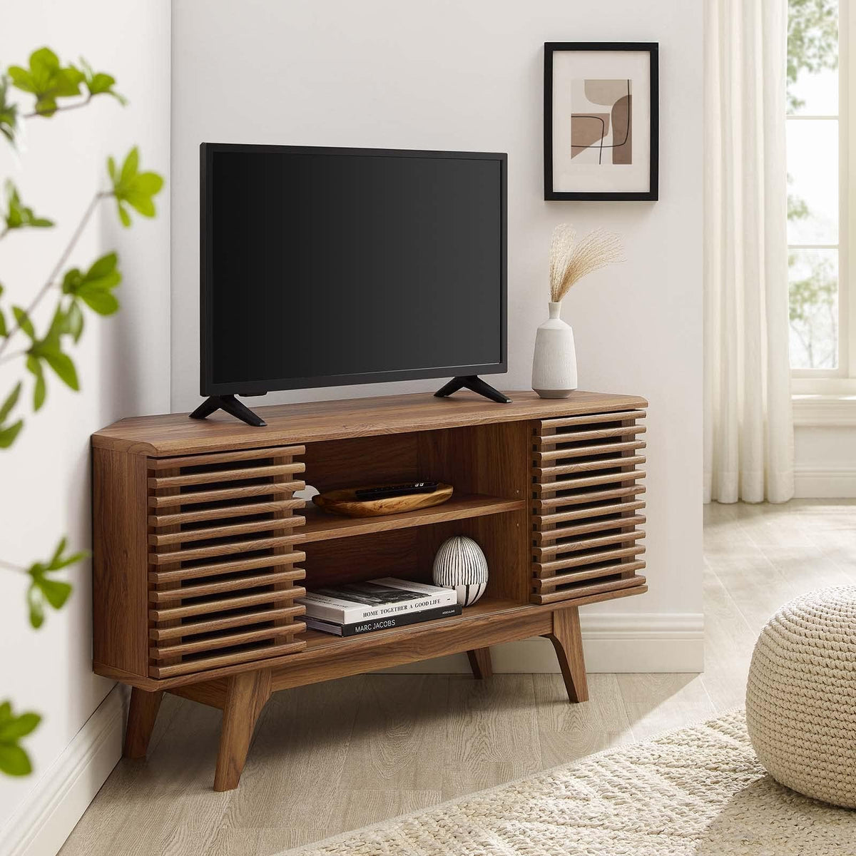 46 in Walnut Corner TV Stand with Sliding Doors A97484