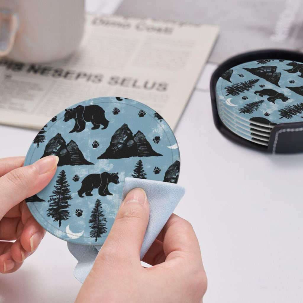 Black Leather Coasters Set with Holder P5360