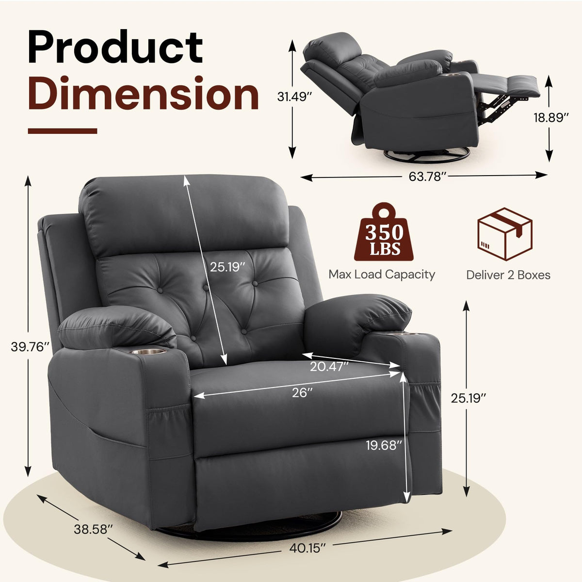 Oversized Swivel Rocker Recliner with Heat and Massage, Faux Leather, Grey N4090