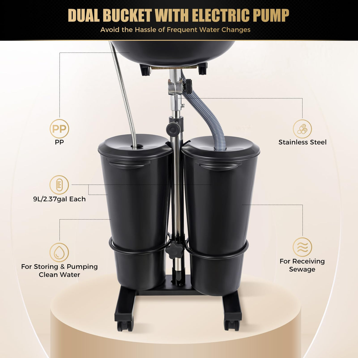 Portable ABS Shampoo Basin with 2 Water Buckets, Electric Pump and Drain Hoses S17745