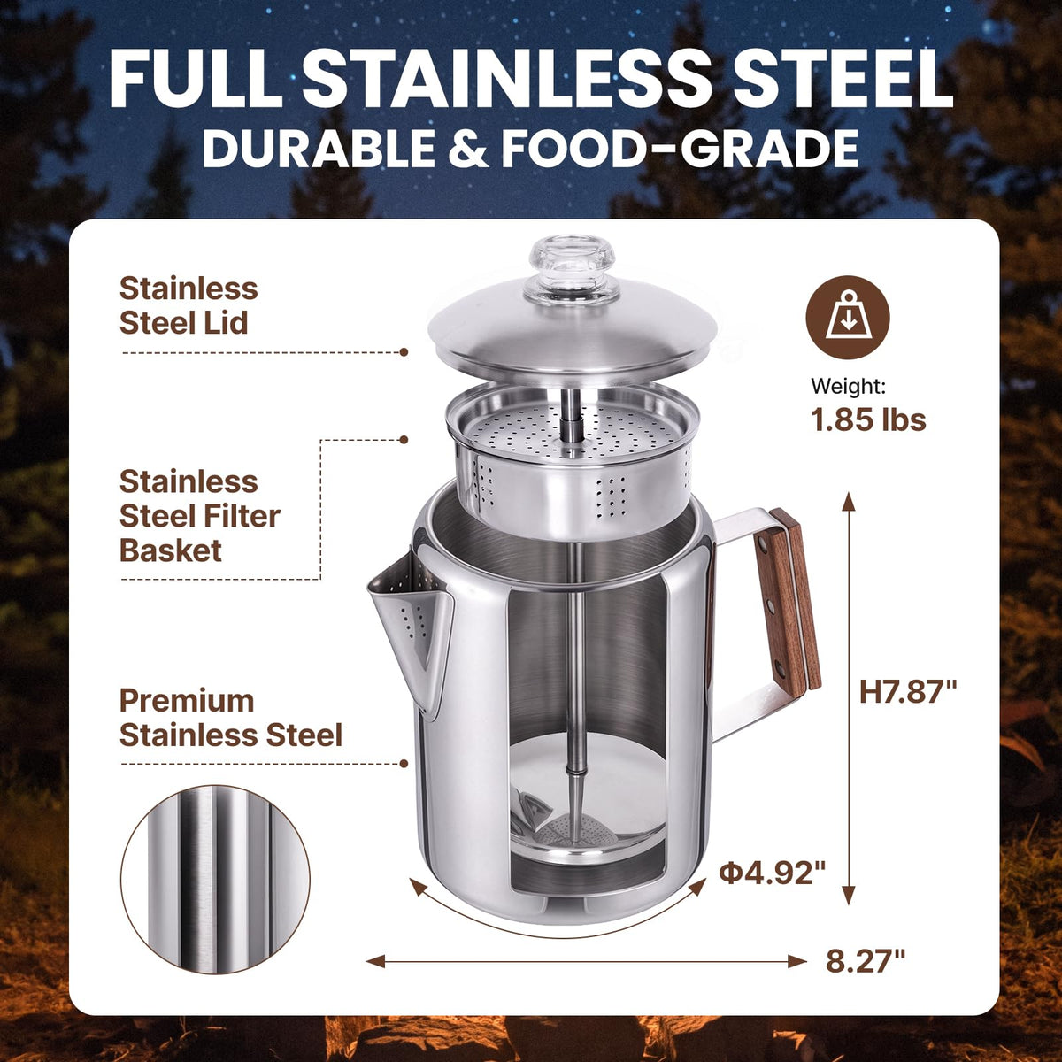 9 Cup Stainless Steel Coffee Pot with Wood Handle Z5910