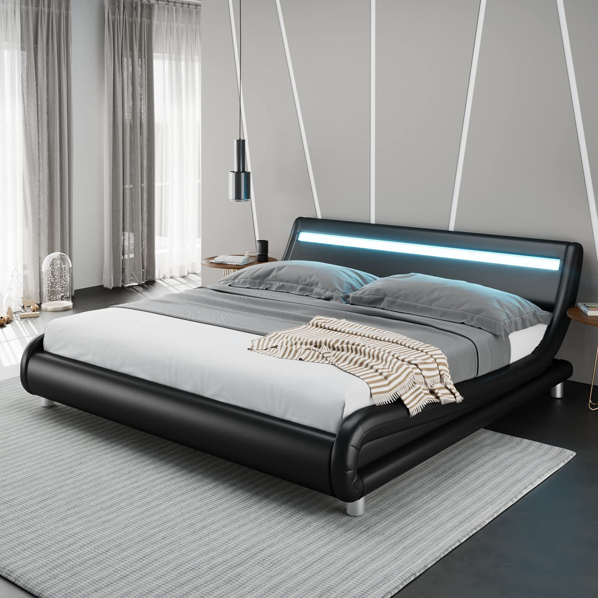 Black Upholstered Full LED Platform Bed Frame with Headboard F994650