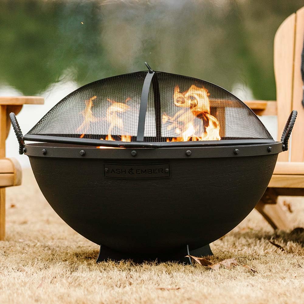 32in Cast Iron Wood Burning Fire Pit with Screen and Poker B188