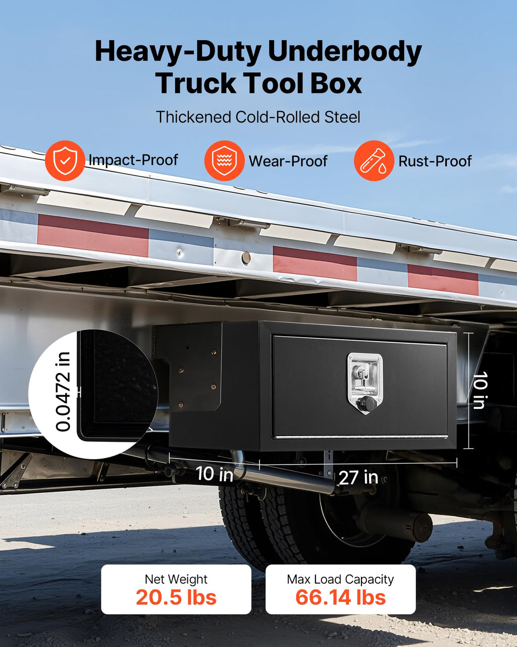 Underbody Truck Tool Box 27 x 10 x 10 Inch Heavy Duty Steel with Lock & Keys Black B6910