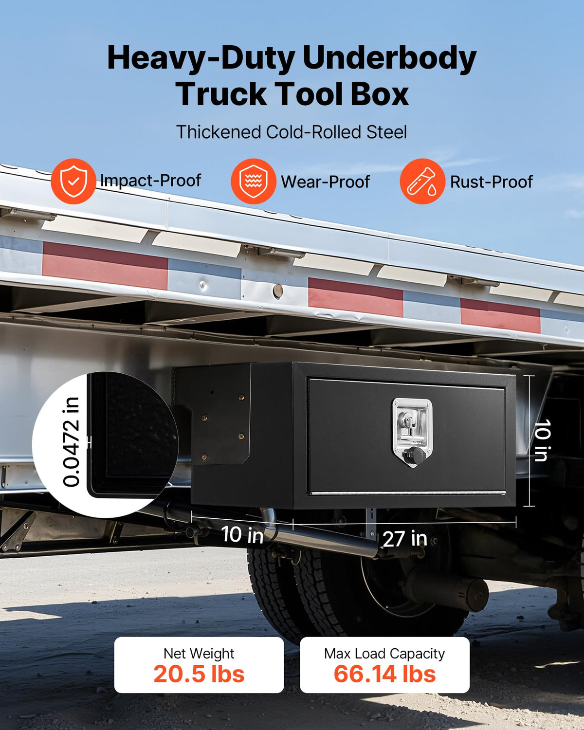 Underbody Truck Tool Box 27 x 10 x 10 Inch Heavy Duty Steel with Lock & Keys Black B6910
