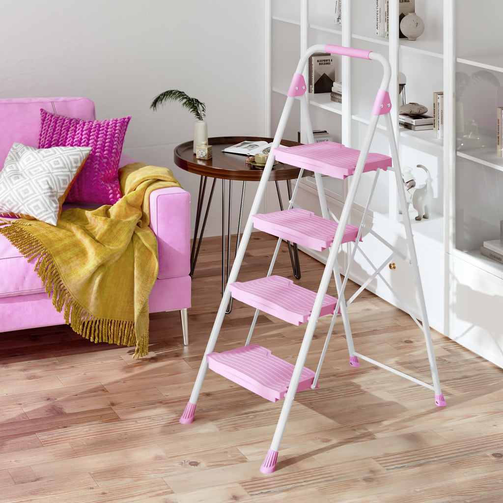 4 Step Pink Foldable Step Stool with Handrail P497755