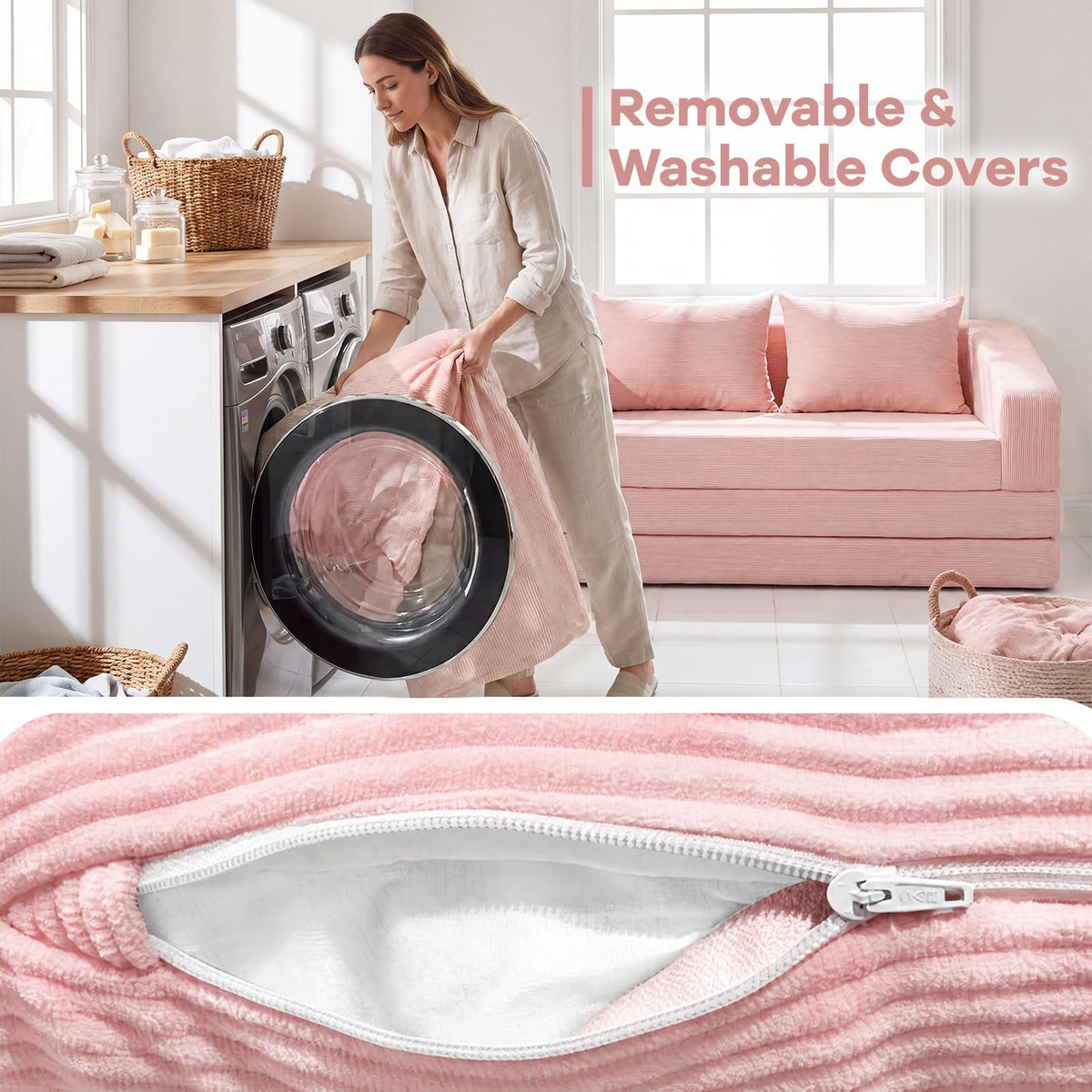 61" Pink Convertible Futon Sofa Bed T415284