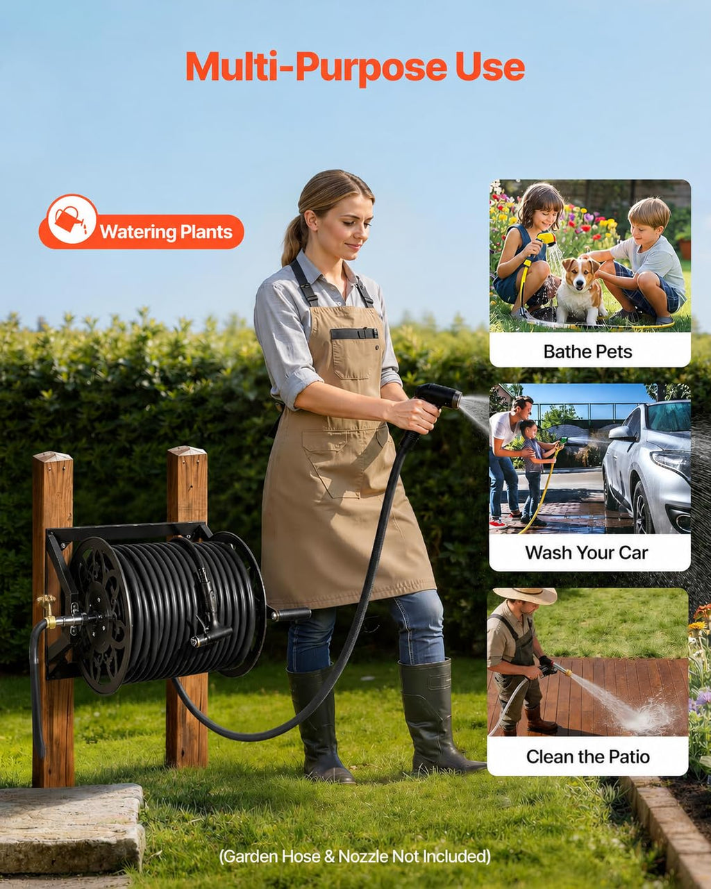 Wall Mounted Garden Hose Reel, Holds 200 ft 5/8" Hose, Heavy-Duty Steel Manual Winder B3575