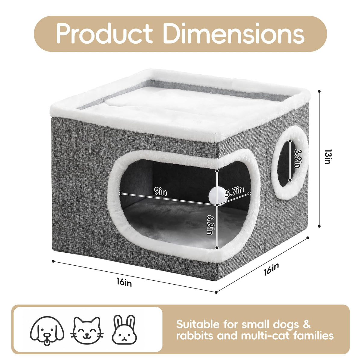 Large Covered Cat Bed Cave, Grey, 16in L942
