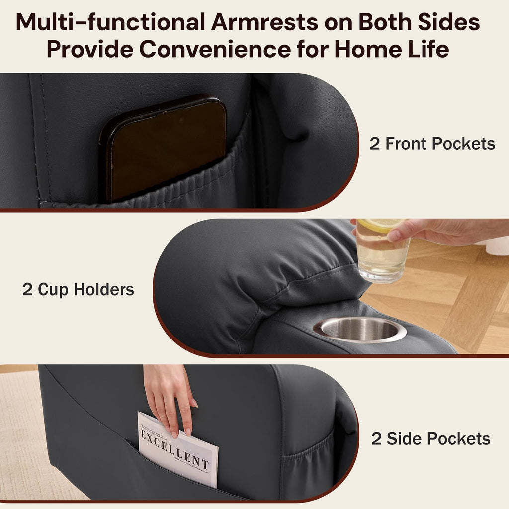 Oversized Swivel Rocker Recliner with Heat and Massage, Faux Leather, Grey N4090