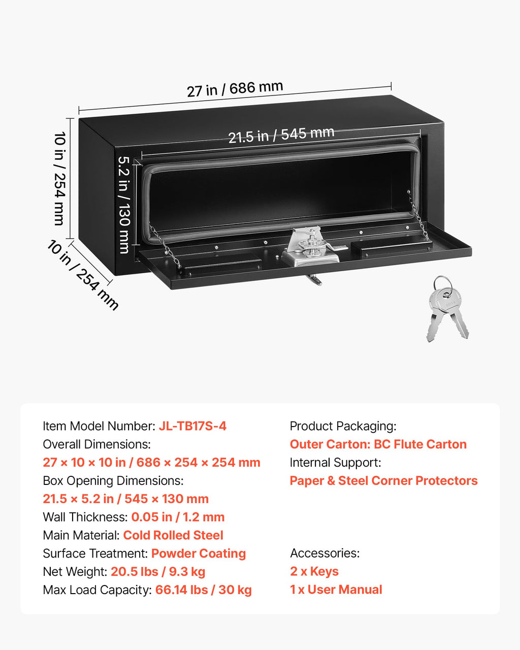 Underbody Truck Tool Box 27 x 10 x 10 Inch Heavy Duty Steel with Lock & Keys Black B6910