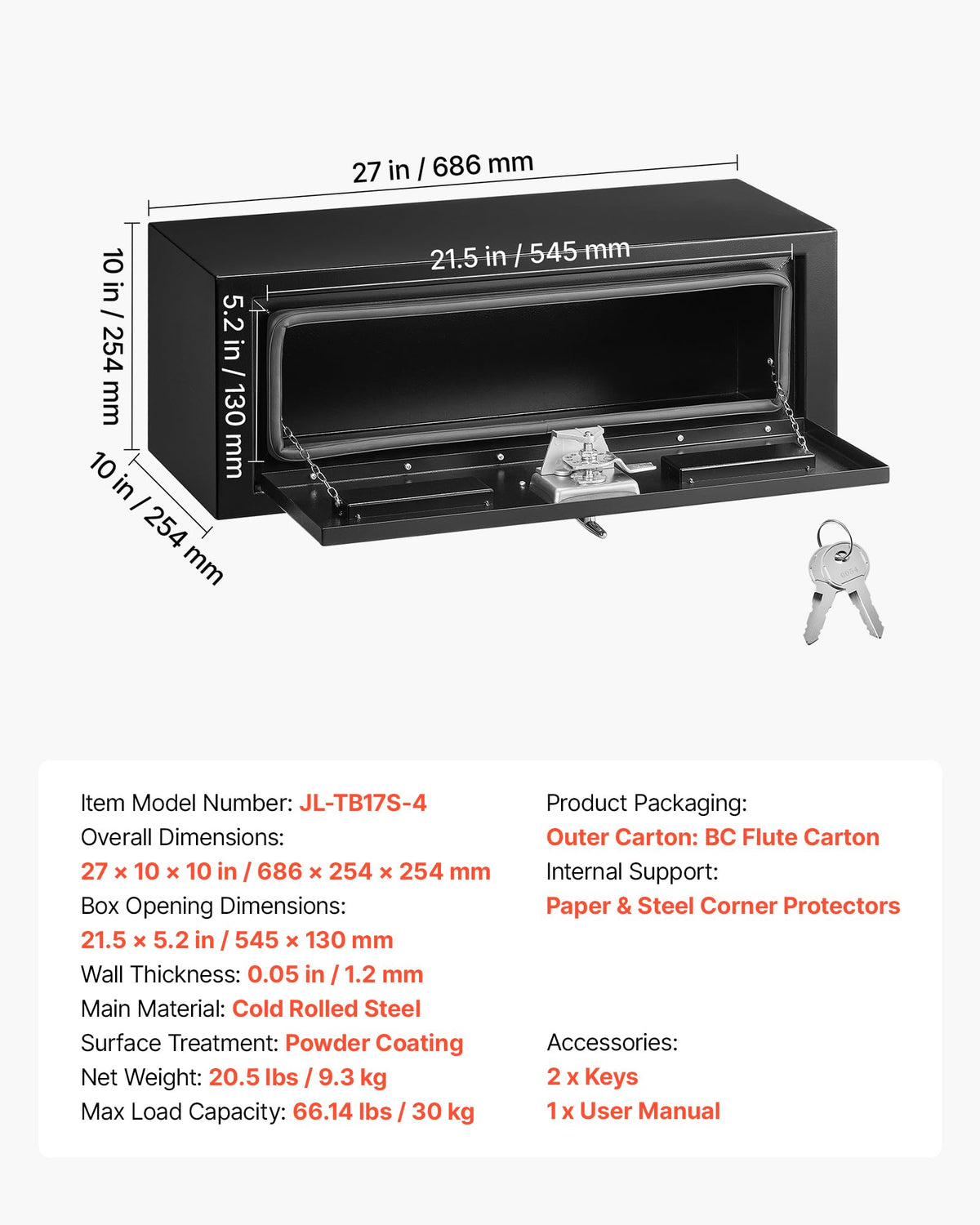 Underbody Truck Tool Box 27 x 10 x 10 Inch Heavy Duty Steel with Lock & Keys Black B6910