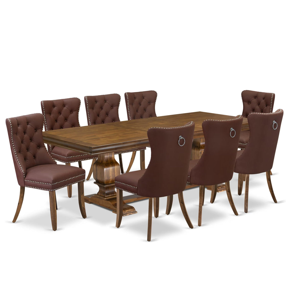 9 Piece Mid-Century Dining Table Set with 8 Burgundy Polyester Chairs J35189