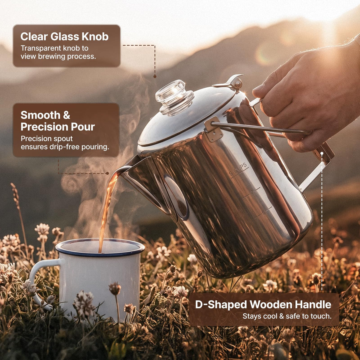 9 Cup Stainless Steel Coffee Pot with Wood Handle Z5910