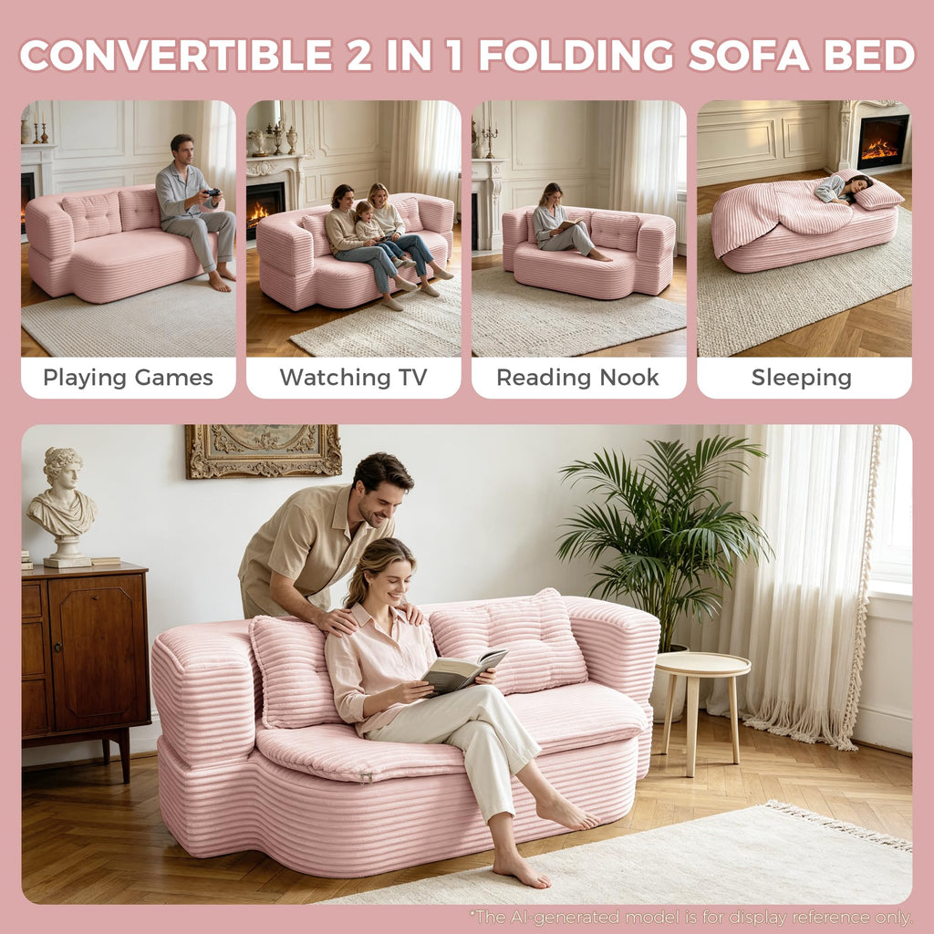 Pink Corduroy Convertible Sofa Bed R531605