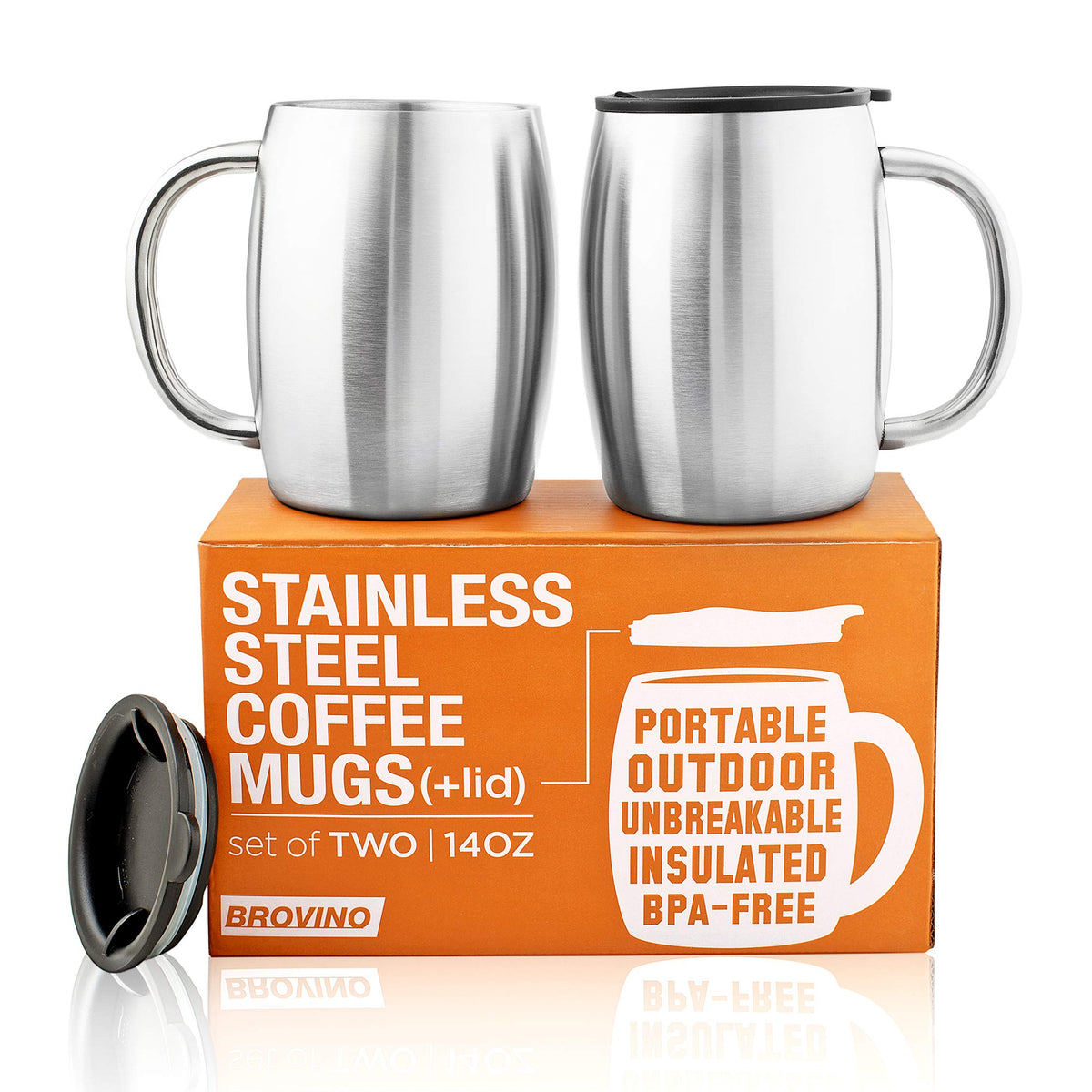 Stainless Steel 14 oz Double Walled Coffee Mugs Set of 2 with Lid & Handle V3527