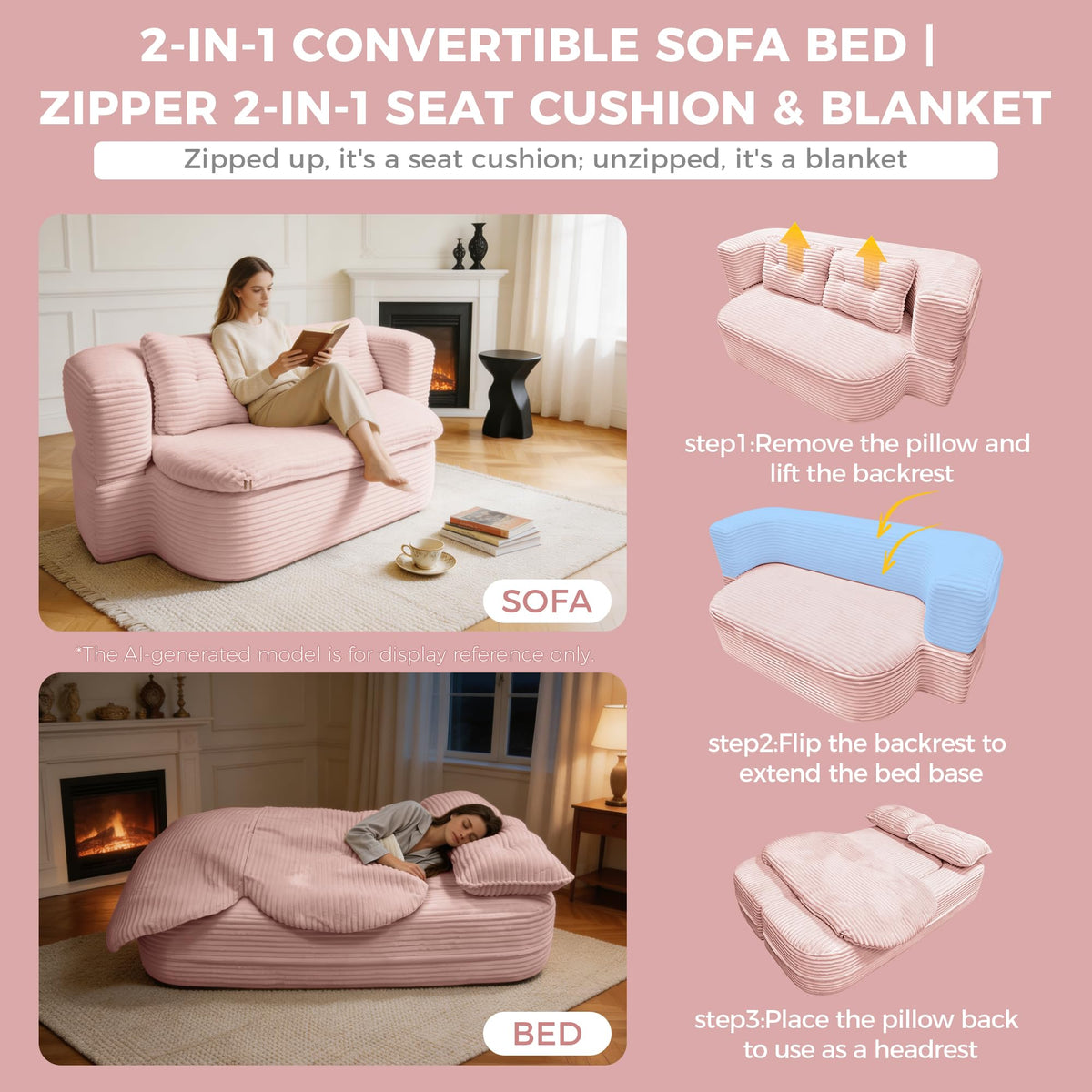 Pink Corduroy Convertible Sofa Bed R531605