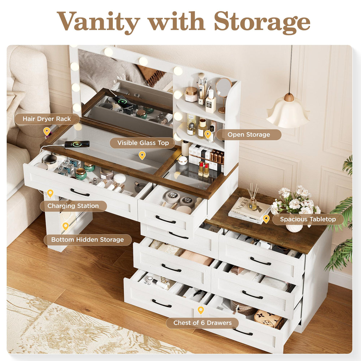 Antique White 6-Drawer Vanity Desk L719354